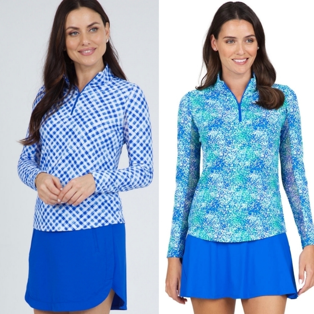 Ibkul Long Sleeve Zip Mock Neck Painted Blue Green Sun Shirt Women's Size XS - Picture 9 of 9